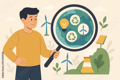 Renewable Energy Search Concept, Magnifying Glass Over Earth, Sustainable Resources, Wind Turbines, Solar Power, Recycling, Eco-Friendly Innovation, Environmental Conservation Vector