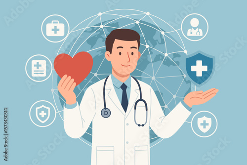 Medical business and health insurance concept, doctor with stethoscope holding red heart shape and medical insurance icon on global network connection interface, healthcare and protection