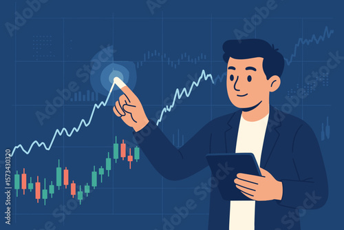 Investor analyzing stock market trends with digital tablet. Financial market analysis, trading data, candlestick chart, cryptocurrency, online investment, stock exchange concept