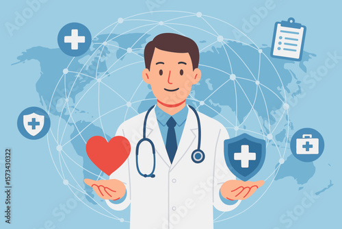 Medical business and health insurance concept with doctor holding red heart shape and medical insurance icon on global network connection interface for healthcare services