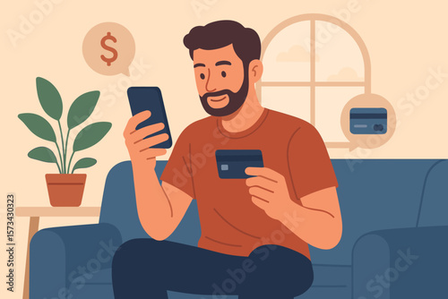 Young Man Making Online Payment with Smartphone and Credit Card, Home Banking, Digital Shopping, E-Commerce Transaction, Financial Technology, Secure Mobile Payment, Modern Vector Illustration