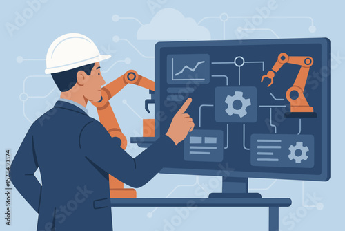Industrial Engineer Manager Operating Smart Factory Robotics, Touchscreen Control Panel, Automation, Monitoring System, AI Technology, Industry 4.0, Network Connection, Modern Vector Illustration