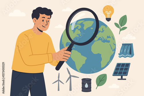 Man with Magnifying Glass Examining Global Energy Consumption, Renewable and Sustainable Resources, Ecology Concept, Solar, Wind, Hydro, Oil, Leaf, Modern Vector Illustration