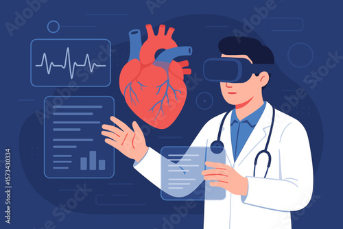 Cardiologist Doctor Using Virtual Reality Technology for Heart Disease Diagnosis, Digital Medical Innovation, Analyzing Cardiac Health Data, Modern Healthcare Interface Concept