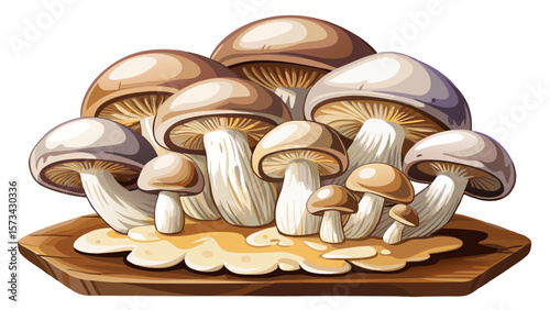 A cluster of soft organic mushrooms, with cream-colored caps and gilled undersides, sits peacefully on a cutting board, emphasizing nature’s simplicity and rich vegetarian lifestyle themes.