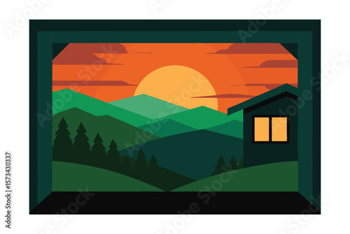 Peaceful Sunset View From Cabin Overlooking Green Valleys