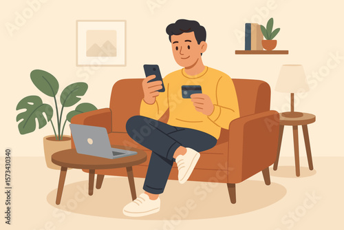 Man on couch using smartphone for online payment and shopping. E-commerce transaction with credit card. Mobile banking concept. Modern flat vector cartoon illustration.