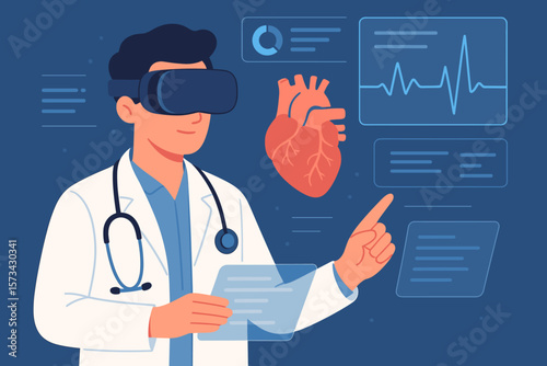 Cardiologist doctor using virtual reality headset for heart disease diagnosis. Medical innovation technology concept. Digital health report, simulator interface, cardiology analysis