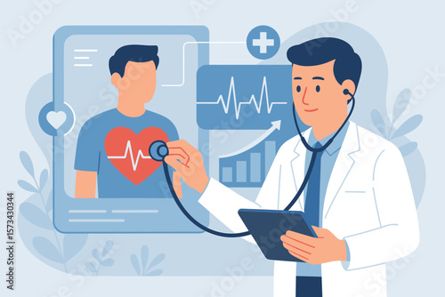 Virtual Healthcare Consultation, Doctor Using Stethoscope for Heart Health Analysis, Telemedicine, Digital Medical Checkup, Patient Monitoring, Growth Chart, Health Technology