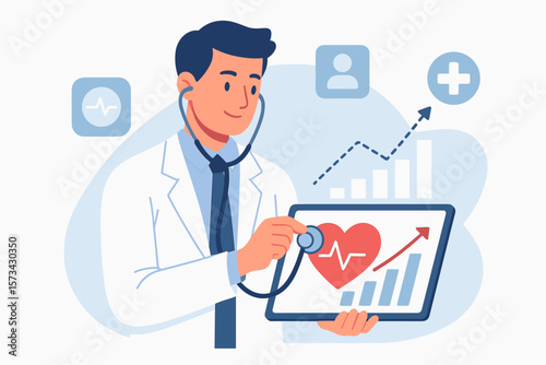 Virtual medical examination and healthcare technology concept, doctor with stethoscope analyzing patient heart health and monitoring growth graph on digital interface