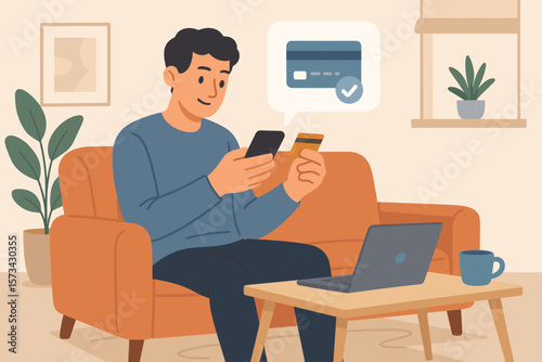Man online shopping on smartphone with credit card. Mobile banking payment concept. E-commerce technology. Secure transaction from home. Financial technology fintech. Flat vector.