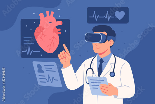 Cardiologist Doctor Using Virtual Reality Glasses for Heart Disease Diagnosis, Medical Innovation Technology, Digital Health Report, Simulator Interface, Cardiology Healthcare Concept