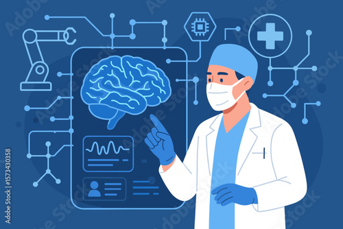 Advanced Medical Technology with AI Innovation in Healthcare, Surgeon and Doctor Analyzing Brain Diagnosis, Robotic Network and Digital Interface for Testing Result and Health Monitoring