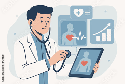 Virtual medical examination and healthcare technology concept, doctor with stethoscope analyzing patient heart health and growth graph, telemedicine and digital health innovation