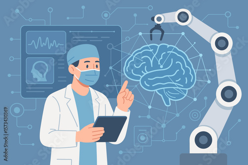 Medical technology AI innovation healthcare digital surgery doctor analyzing brain test results with robotic network on futuristic interface modern diagnostics and health tech