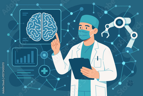 Advanced Medical Technology and AI Innovation in Healthcare, Digital Surgeon Analyzing Brain Test Results with Robotic Network on Modern Interface for Precision Diagnosis