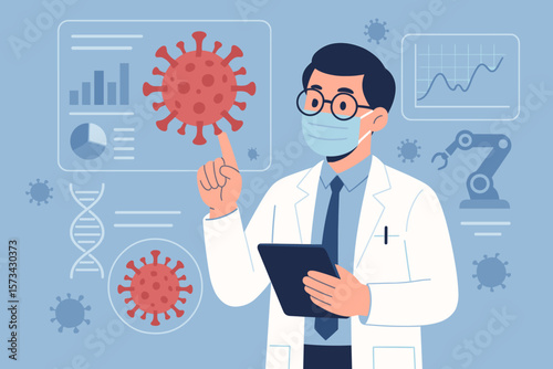 Advanced Medical Technology and Robotics Research for Coronavirus COVID-19 Diagnosis and Testing with Scientist Analyzing Virtual Screen Data in Laboratory Environment