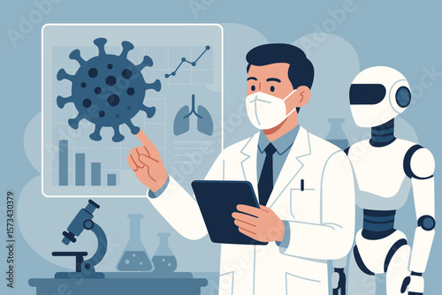 Medical Doctor and Robot Collaborate in Coronavirus COVID-19 Research, Diagnostics, Virtual Data Analysis, AI Technology in Healthcare, Laboratory Science, Pandemic Testing Results
