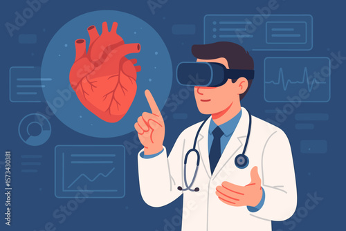 Medical innovation and technology concept with cardiologist doctor wearing virtual reality glasses checking heart disease, diagnostic report, and testing results using advanced simulator interface