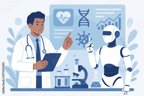 Advanced Medicine Doctor and Robotics Research in Healthcare Laboratory Diagnosing Patient Health with Virtual Screen Analysis and Disease Inhibition Technology