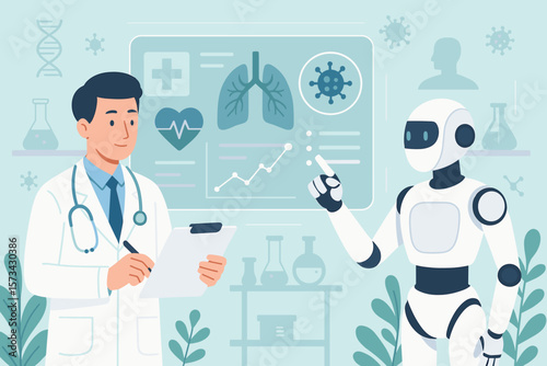 Artificial Intelligence Robot Collaborating with Doctor in Medical Laboratory, Analyzing Patient Health Data, Diagnosing Disease, Modern Healthcare Technology, Virtual Screen Research