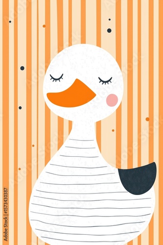 Smiling duck cartoon on striped background with polka dots – nursery wall art, kids design and playful animal illustration concept