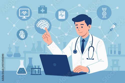 Modern medical doctor analyzing brain data on laptop with virtual network interface, digital healthcare technology, futuristic medical research, innovative laboratory vector