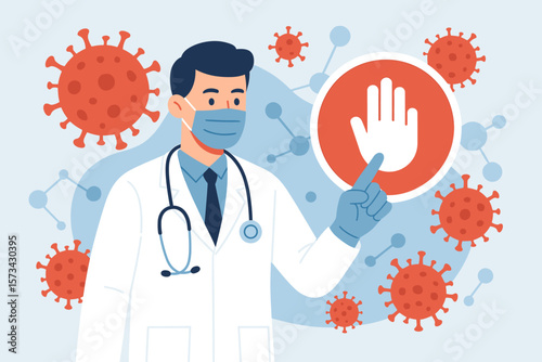 Doctor pressing stop button on virtual screen controlling coronavirus outbreak and COVID-19 pandemic, medical technology concept, research, analysis, diagnosis, healthcare innovation