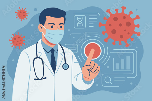 Doctor pressing stop button on virtual screen, pandemic coronavirus outbreak control, medical technology, research and analysis, diagnosis, healthcare innovation, COVID-19 prevention