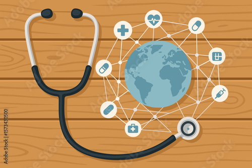 Stethoscope with medical icons forming a global healthcare network around the earth. Concept for telemedicine, international medicine, and health technology. Flat vector cartoon.