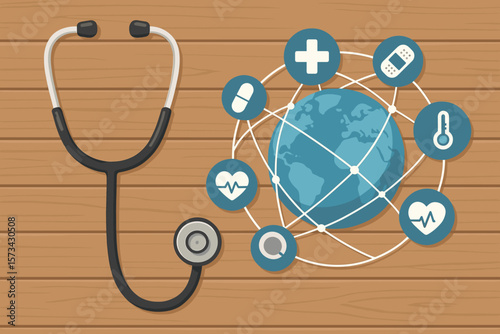 Global healthcare and medical network concept. Stethoscope with world globe and health icons on a wooden background. Flat vector cartoon illustration for international medicine.