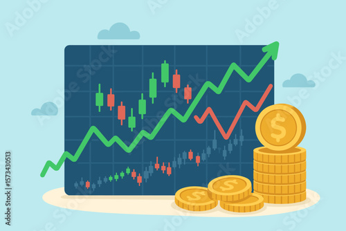 Financial Growth Investment Concept. Bullish Stock Market Chart, Rising Candlestick Graph, Upward Trend Line, Gold Coins Stack, Profit, Trading, Wealth, Economy, Finance Success, Vector Illustration