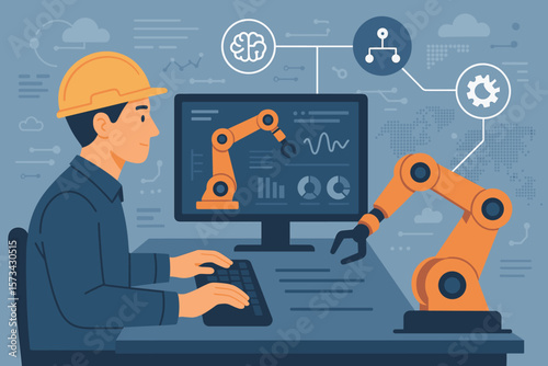 Industrial engineer operating robotic arm with monitoring software, automation control system, AI technology, smart manufacturing, industry 4.0, digital network interface