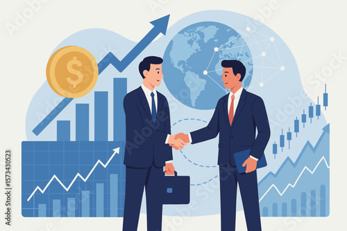 Businessmen handshake deal. Teamwork partnership concept. Global finance, stock exchange investment growth. Financial chart background. Digital technology network connection.