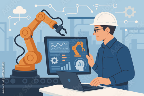Industrial engineer controls robotic arm with AI-powered monitoring software, advanced automation, smart factory technology, industry 4.0 network, data analysis interface