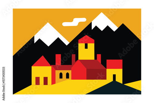 Mountain Retreat With Bright Red Chimneys Cubist Style