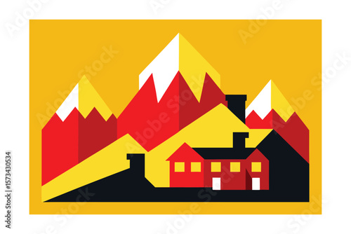 Mountain Retreat With Bright Red Chimneys Cubist Style