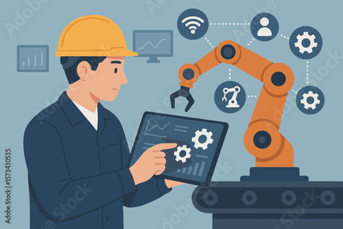 Industrial engineer using tablet to control robotic arm on production line. Smart factory automation with AI monitoring system. Industry 4.0 manufacturing vector concept.