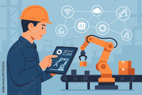 Industrial engineer controlling robotic arm on conveyor belt via tablet. Smart factory automation, AI, IoT, and Industry 4.0 concept with connected technology icons.