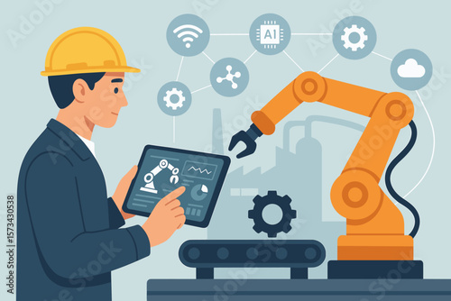 Industrial engineer uses tablet for controlling robotic arm on conveyor belt. Concept of smart factory, automation, Industry 4.0, AI in manufacturing and production line.