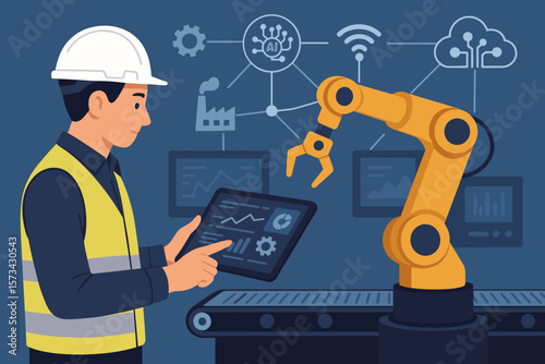 Industrial engineer controlling robotic arm with tablet. Smart factory automation with AI. Industry 4.0 manufacturing technology concept. Production monitoring system software.