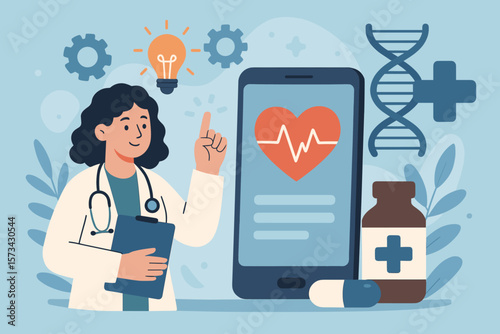 Telemedicine and digital healthcare concept. Female doctor with smartphone health app for cardiology and heart monitoring. Medical innovation, genetics, and pharmacy research.