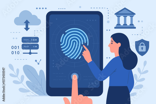 Cyber security technology concept. Fingerprint scan for secure access and identification. Biometric authentication for business, banking, big data, cloud computing technology.