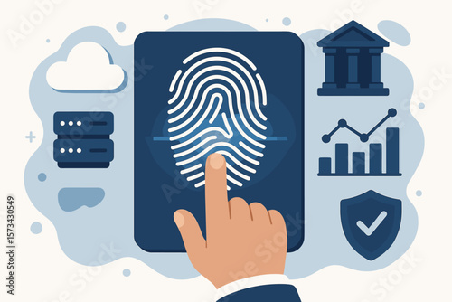 Biometric fingerprint scan for cyber security. Concept for future internet safety, personal data access, identification, business protection, big data, finance, and cloud server.