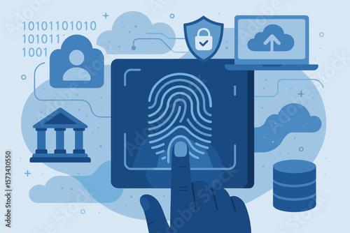 Cyber security concept. Biometric fingerprint scan for secure access and identification. Digital safety for internet, business, banking, big data and cloud computing technology.