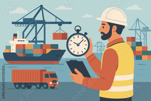 Foreman controls cargo freight timing at a port. Supply chain management, shipping logistics, and global trade concept. Industrial container ship and truck. Flat vector art.