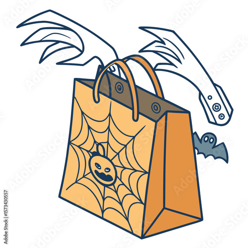 A stylized illustration of a halloween treat bag decorated with a spiderweb and a jack o lantern face held by clawed hands with a bat flying nearby perfect for holiday designs
