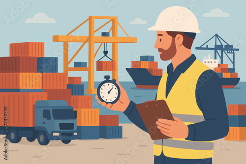 Transport and logistic concept. Foreman controlling timing of cargo freight network distribution. Port harbor background with ship and truck. Import export industry flat vector.