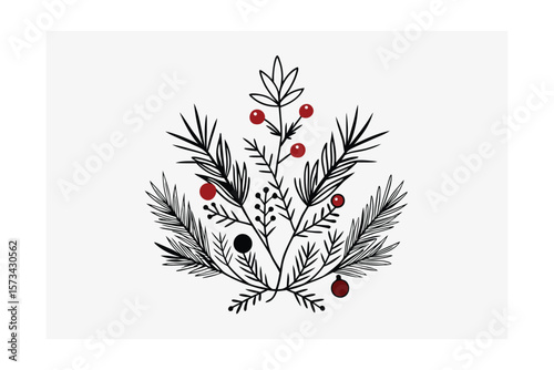 Monochrome Floral Sketch For Christmas With Pine Cones