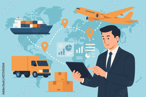 Businessman with tablet managing global logistics network. Transport and freight shipping concept with cargo ship, plane, truck. Online supply chain management and distribution.